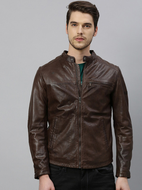 

RARE RABBIT Men Brown Solid Insulator Leather Jacket