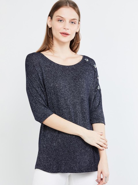 

max Women Navy Blue Solid Round Neck T-shirt