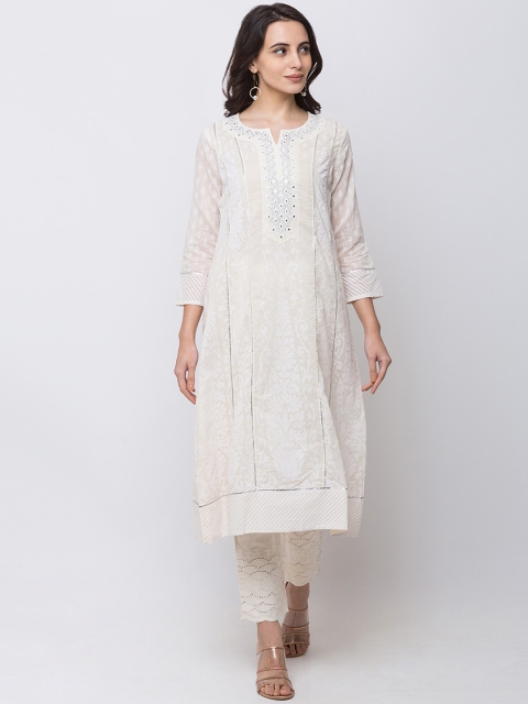 

Ethnicity Women White Embroidered A-Line Kurta