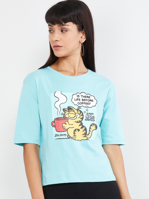 

max Women Blue Printed Round Neck T-shirt
