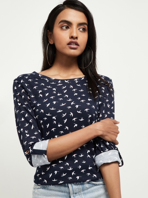 

max Women Navy Blue & White Printed Boat Neck T-shirt