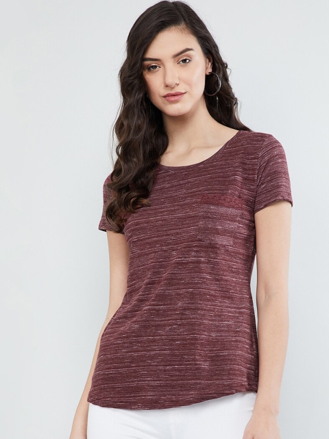 

max Women Maroon Striped Round Neck T-shirt