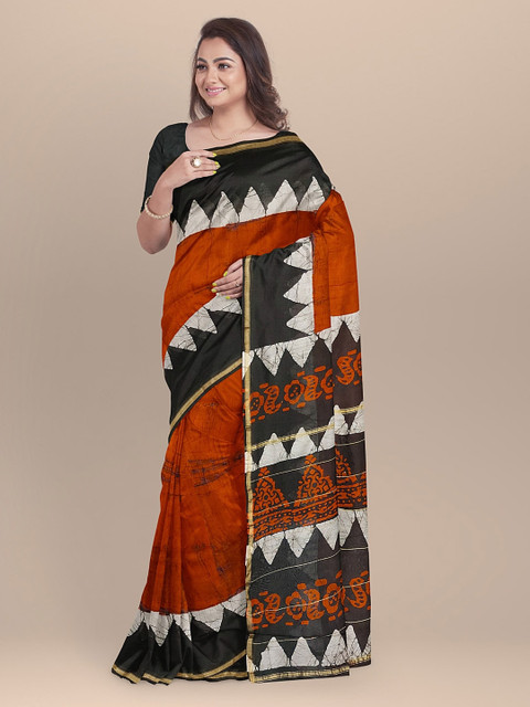 

BharatSthali Rust & Black Silk Cotton Chanderi Printed Saree