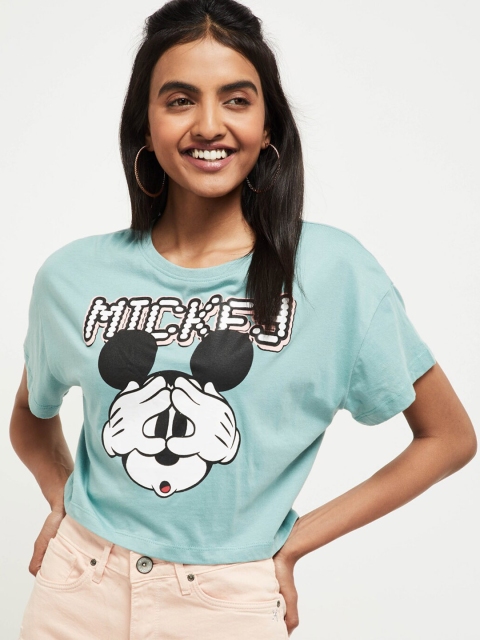 

max Women Turquoise Blue & White Mickey Mouse Print Round Neck Crop T-shirt