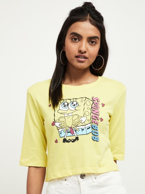 

max Women Yellow Printed Round Neck T-shirt