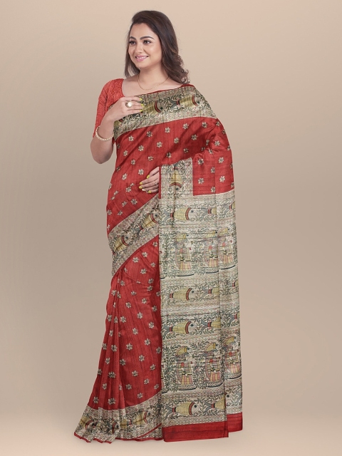 

BharatSthali Red Pure Silk Madhubani Print Sustainable Saree