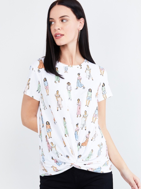 

max Women White Printed Round Neck T-shirt