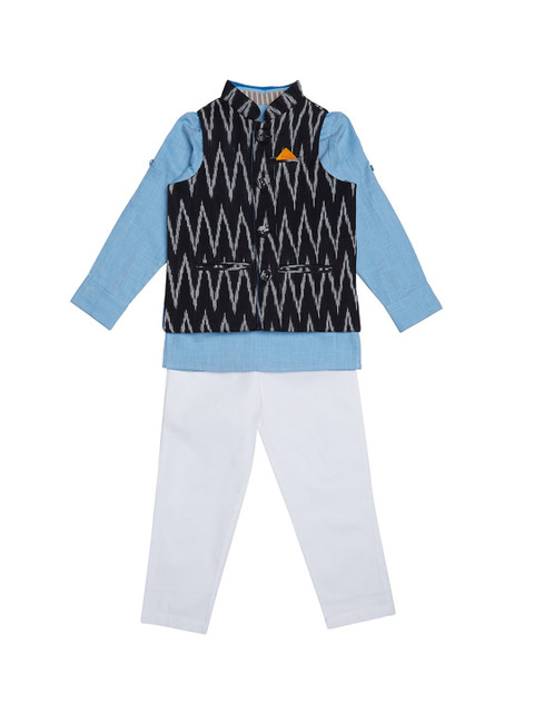 

charkhee Boys Blue & White Solid Kurta with Pyjamas With Nehru Jacket