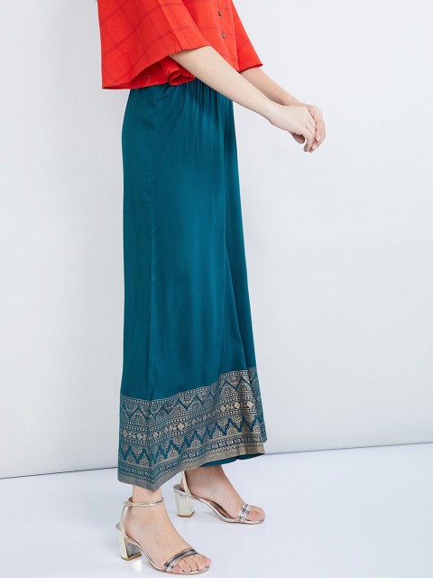 

max Women Teal Blue Solid Wide Leg Palazzos