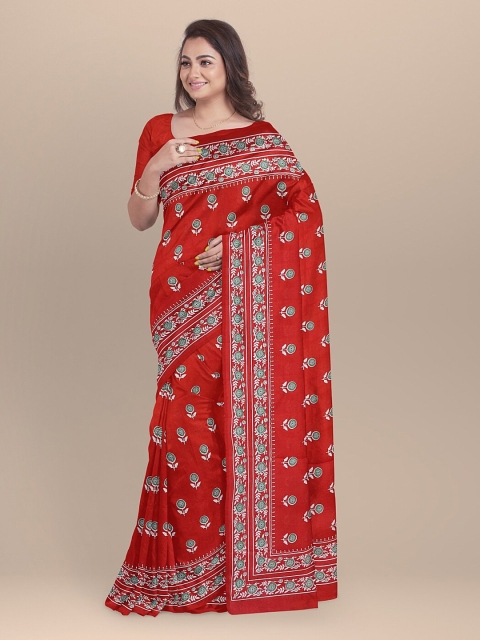

BharatSthali Red & White Pure Cotton Printed Handloom Saree