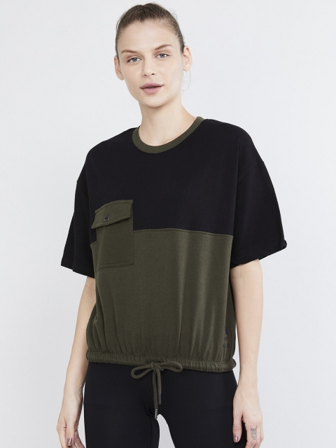 max Women Black & Olive Green Colourblocked Round Neck T-shirt