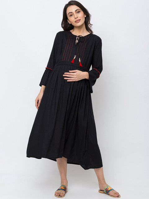

MomToBe Women Black Embroidered A-Line Maternity Dress