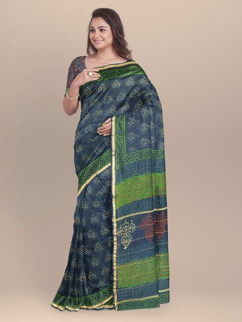 

BharatSthali Blue & Green Silk Cotton Printed Chanderi Sustainable Saree