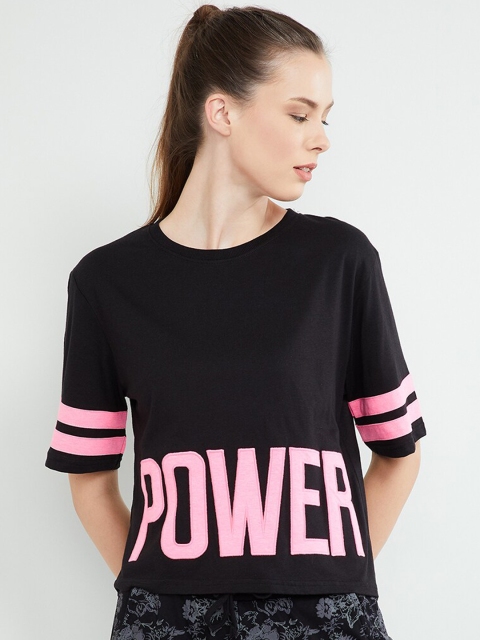 

max Women Black & Pink Printed Round Neck T-shirt