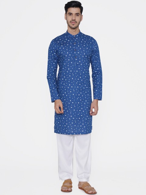 

Manyavar Men Blue & White Printed Straight Kurta
