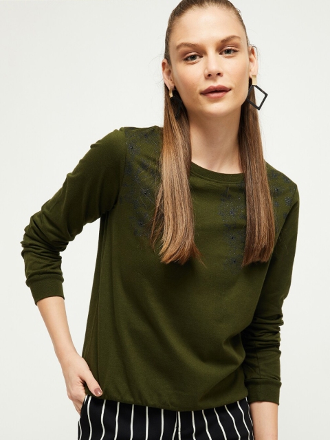 

max Women Olive Green Solid Mandarin Collar T-shirt
