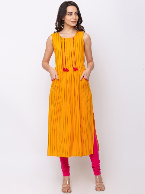 

Ethnicity Women Mustard Yellow Dobby Striped Straight Kurta