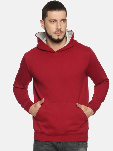 IVOC Men Maroon Solid Hooded Sweatshirt