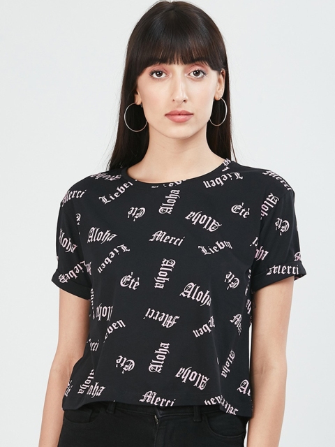 

max Women Black Printed Round Neck T-shirt