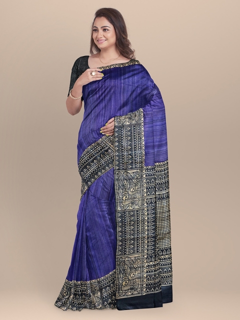 

BharatSthali Blue Striped Pure Silk Saree
