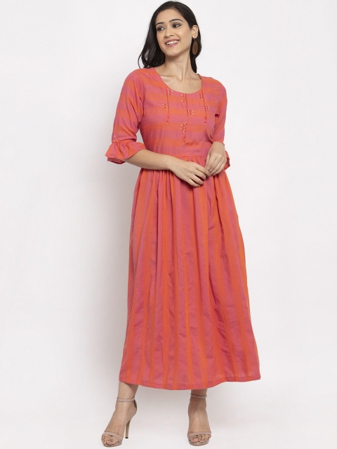 

RAISIN Women Pink & Orange Striped Floral Embroidered Maxi Dress