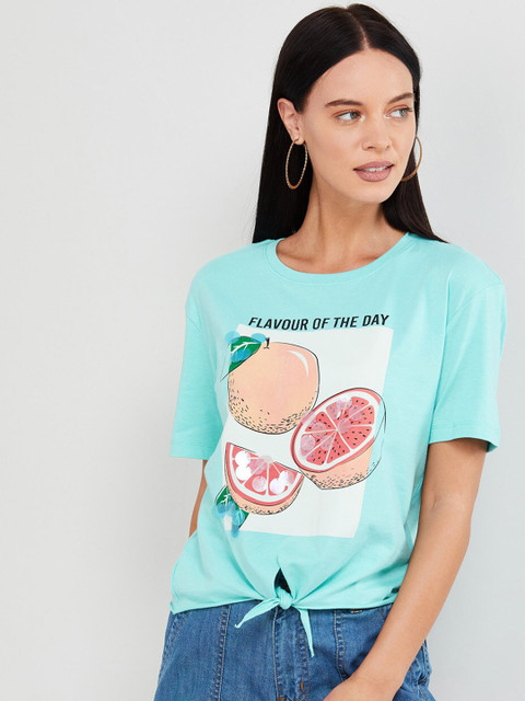 

max Women Blue Printed Round Neck T-shirt