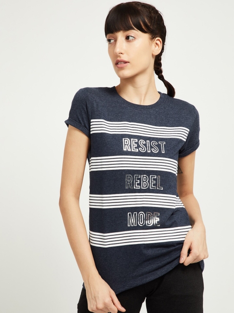 

max Women Blue Printed Round Neck T-shirt
