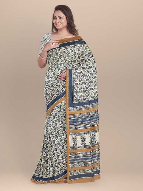 

BharatSthali Beige & Blue Pure Cotton Printed Sustainable Saree