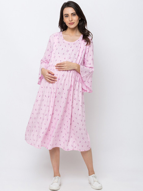 

MomToBe Women Pink Printed Fit and Flare Maternity Dress