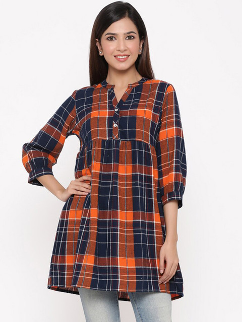 

Juniper Women Navy Blue & Orange Checked Tunic
