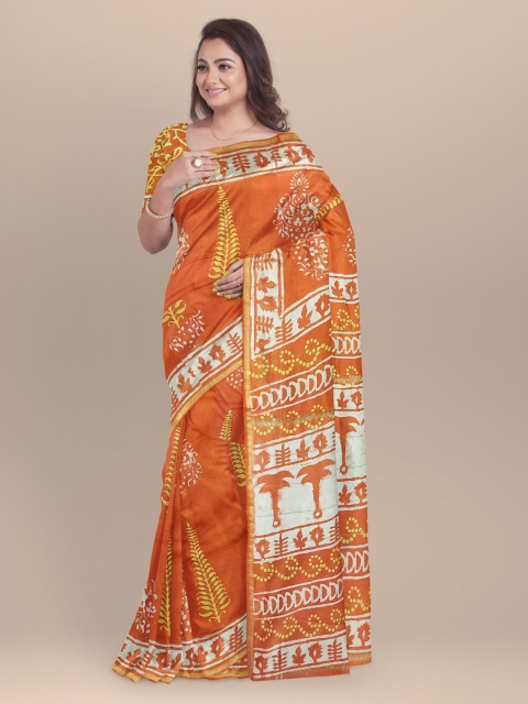 

BharatSthali Orange & Off-White Silk Cotton Chanderi Printed Saree
