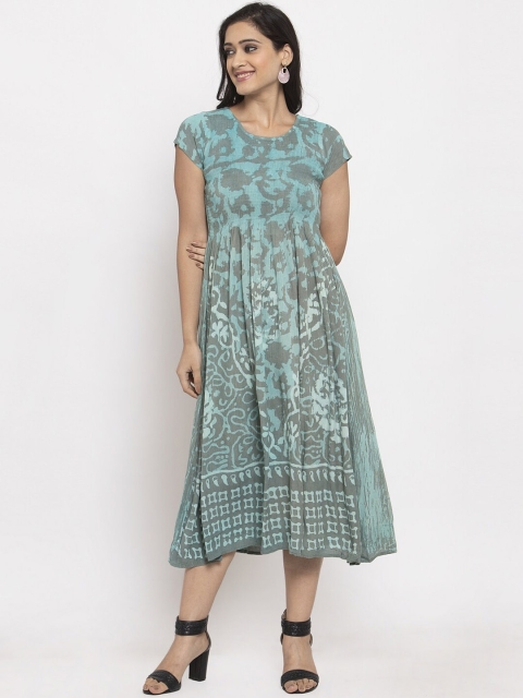 

RAISIN Women Turquoise Blue & Grey Printed Fit and Flare Dress