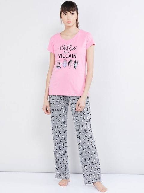 

max Women Pink & Grey Printed Night suit