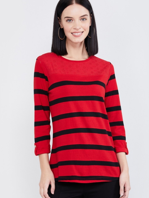 

max Women Red Striped Round Neck T-shirt