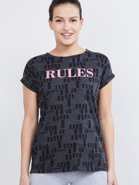

max Women Charcoal Grey & Black Printed Round Neck T-shirt