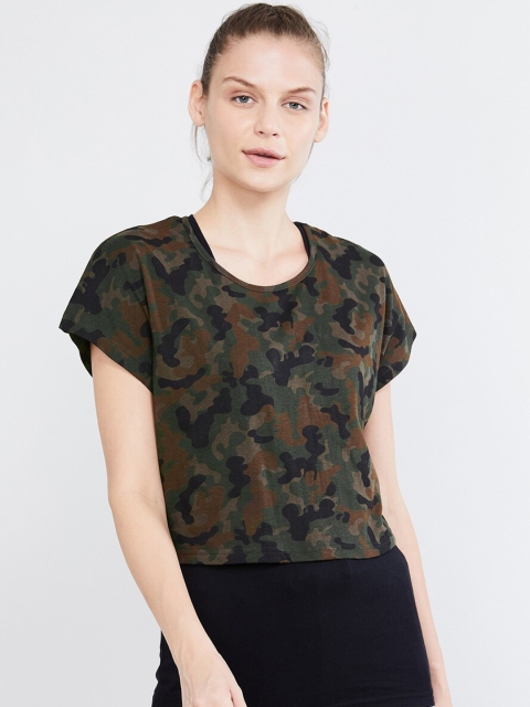 

max Women Olive Green & Black Camouflage Print Layered T-shirt