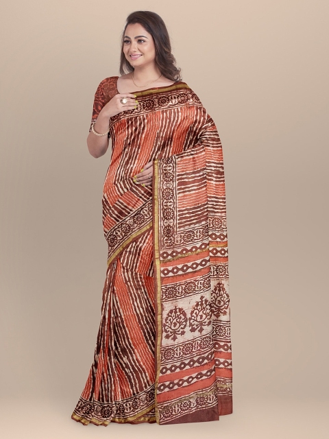 

BharatSthali Brown & Orange Silk Cotton Chanderi Printed Sustainable Saree