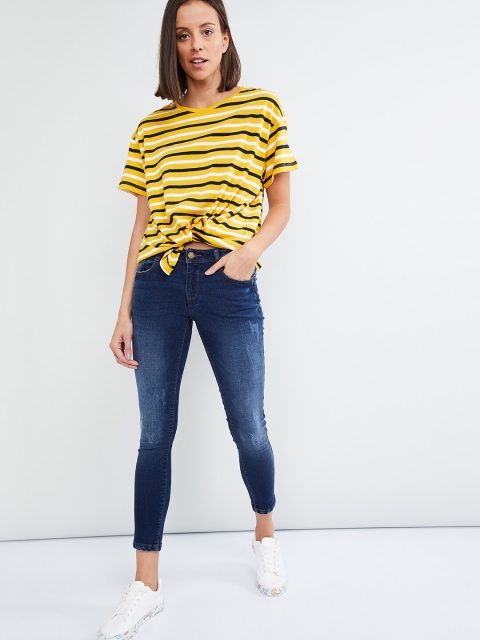 

max Women Yellow & Black Striped Round Neck T-shirt