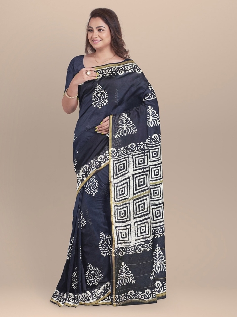 

BharatSthali Blue Silk Cotton Printed Chanderi Sustainable Saree