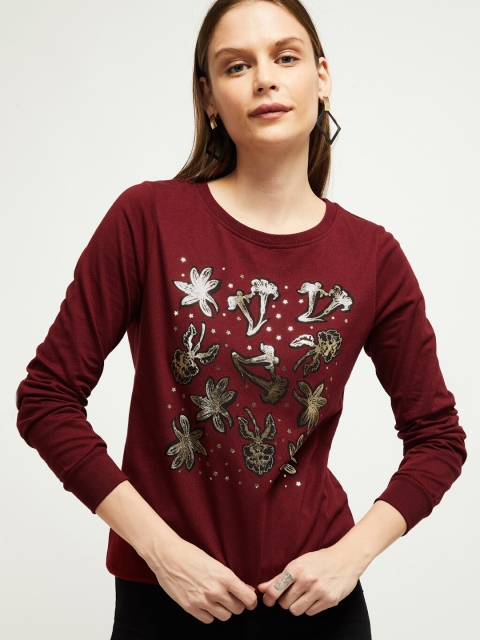 

max Women Maroon Printed Round Neck T-shirt