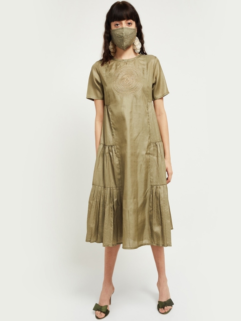 

max Women Green Embroidered A-Line Ethnic Dress With Matching Mask