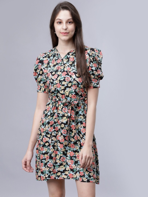 Tokyo Talkies Women Black Floral Printed Wrap Dress