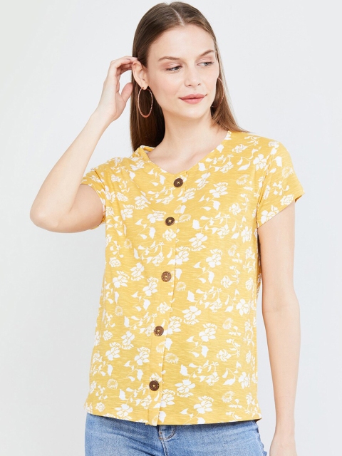 

max Women Yellow Printed V-Neck T-shirt
