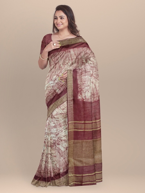 

BharatSthali Maroon & White Pure Linen Printed Saree