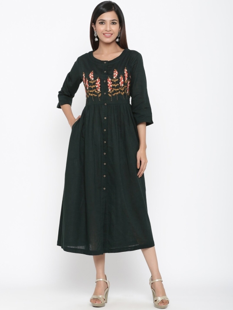 

Juniper Women Bottle Green Embroidered Fit and Flare Dress