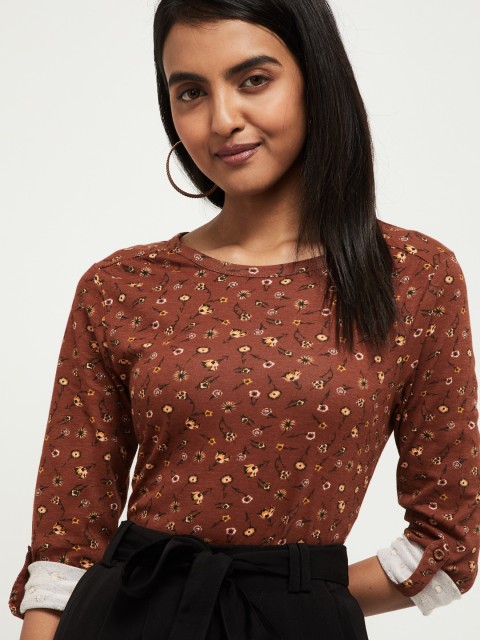 

max Women Brown Printed Round Neck T-shirt