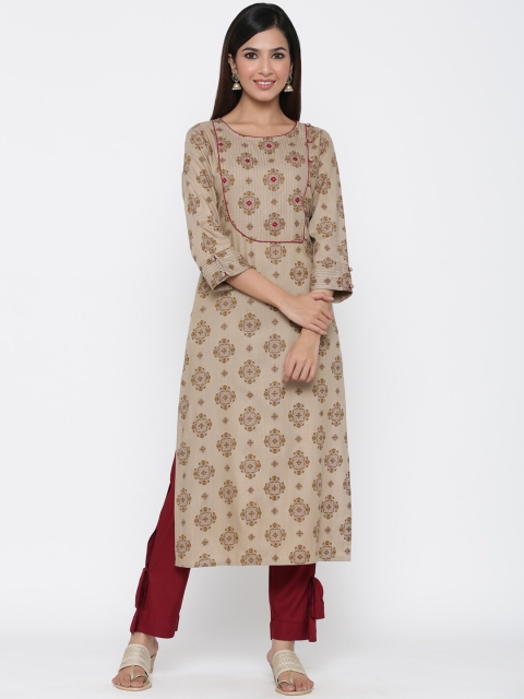 

Jaipur Kurti Women Khaki & Maroon Printed Kurta with Trousers