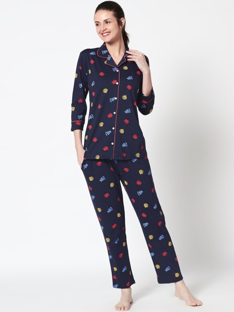 

Zeyo Women Navy Blue Printed Night suit