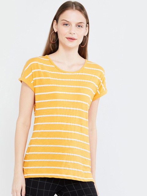 

max Women Yellow Striped Round Neck T-shirt