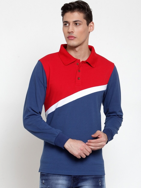 

Kalt Men Blue & Red Colourblocked Polo Collar T-shirt